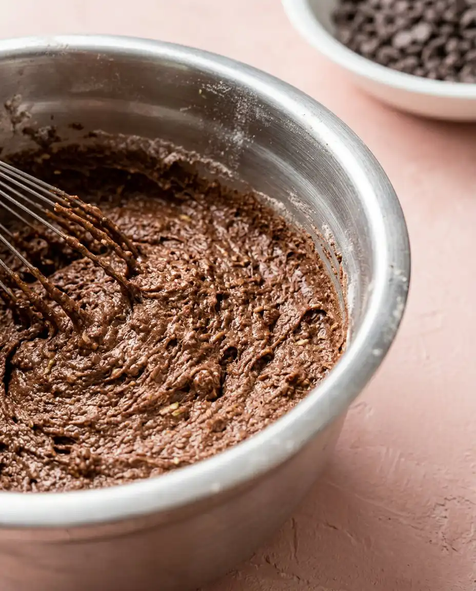 The process of folding finely grated zucchini into a rich healthy chocolate zucchini cake batter.