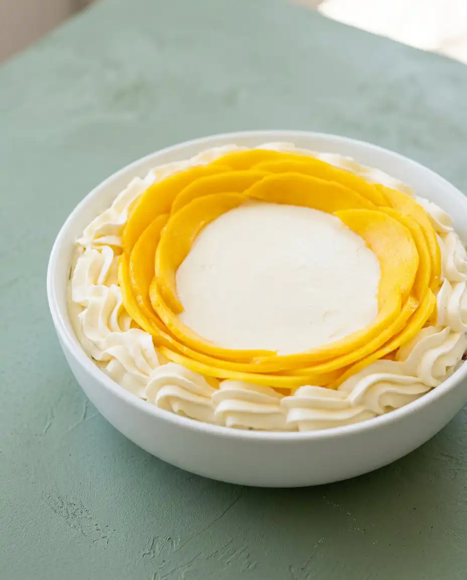 Gently sifting flour into whipped egg whites to create a Mango Flower Crown Cake sponge.