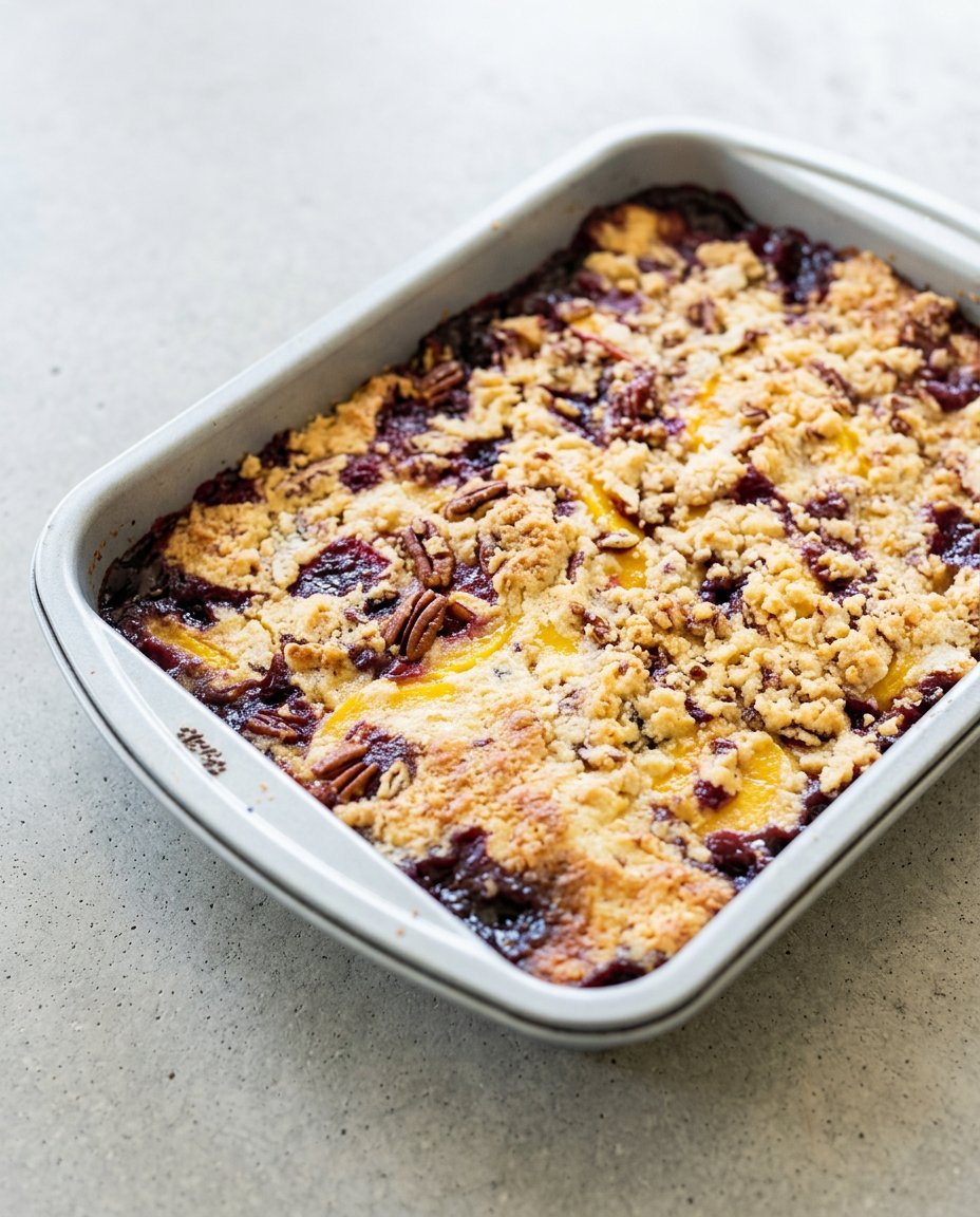 Blackberry Peach Dump Cake 16 A portion of warm Blackberry Peach Dump Cake served with vanilla ice cream