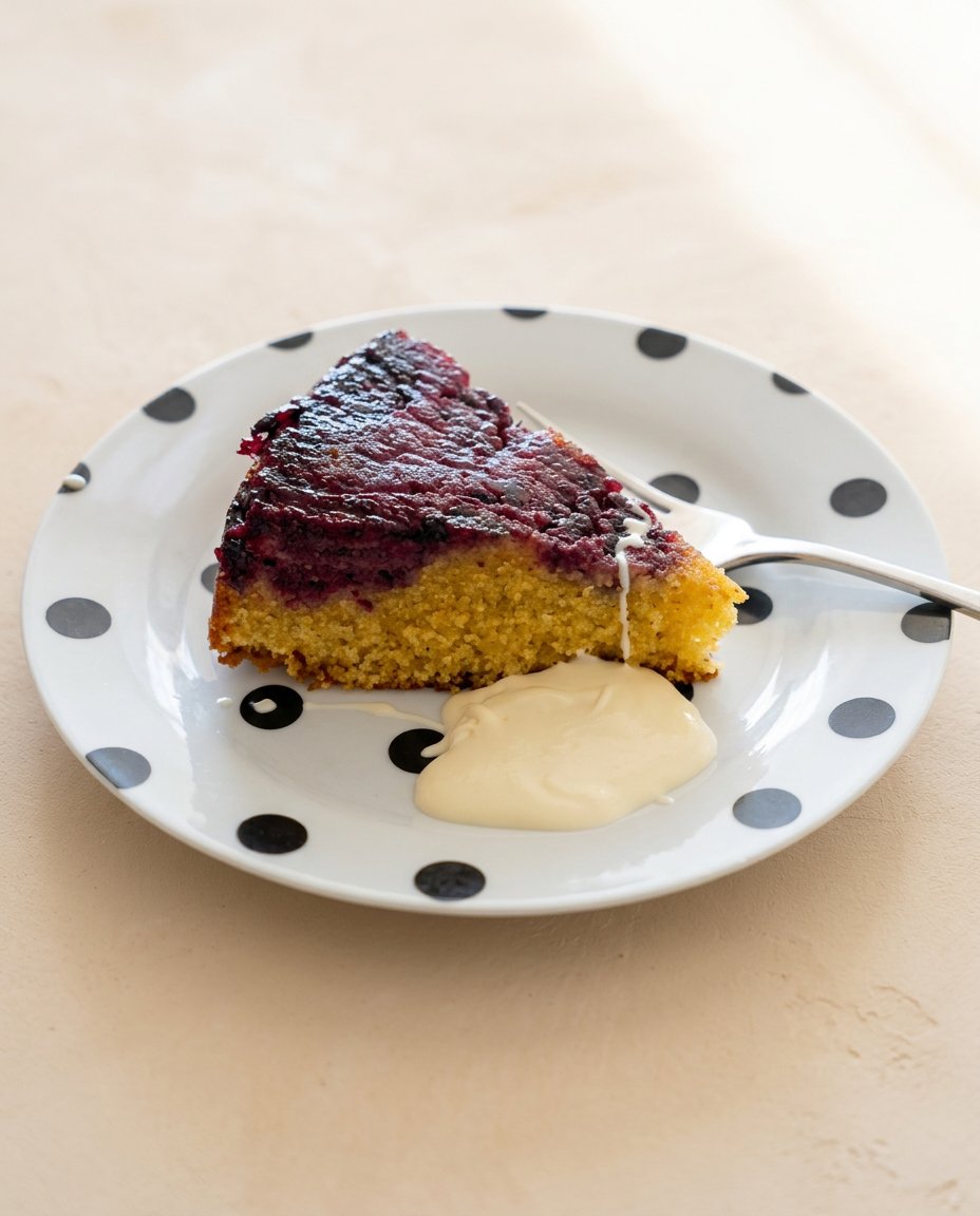Blackberry Upside Down Cake 16 A clean slice of Blackberry Upside Down Cake served with cold double cream.