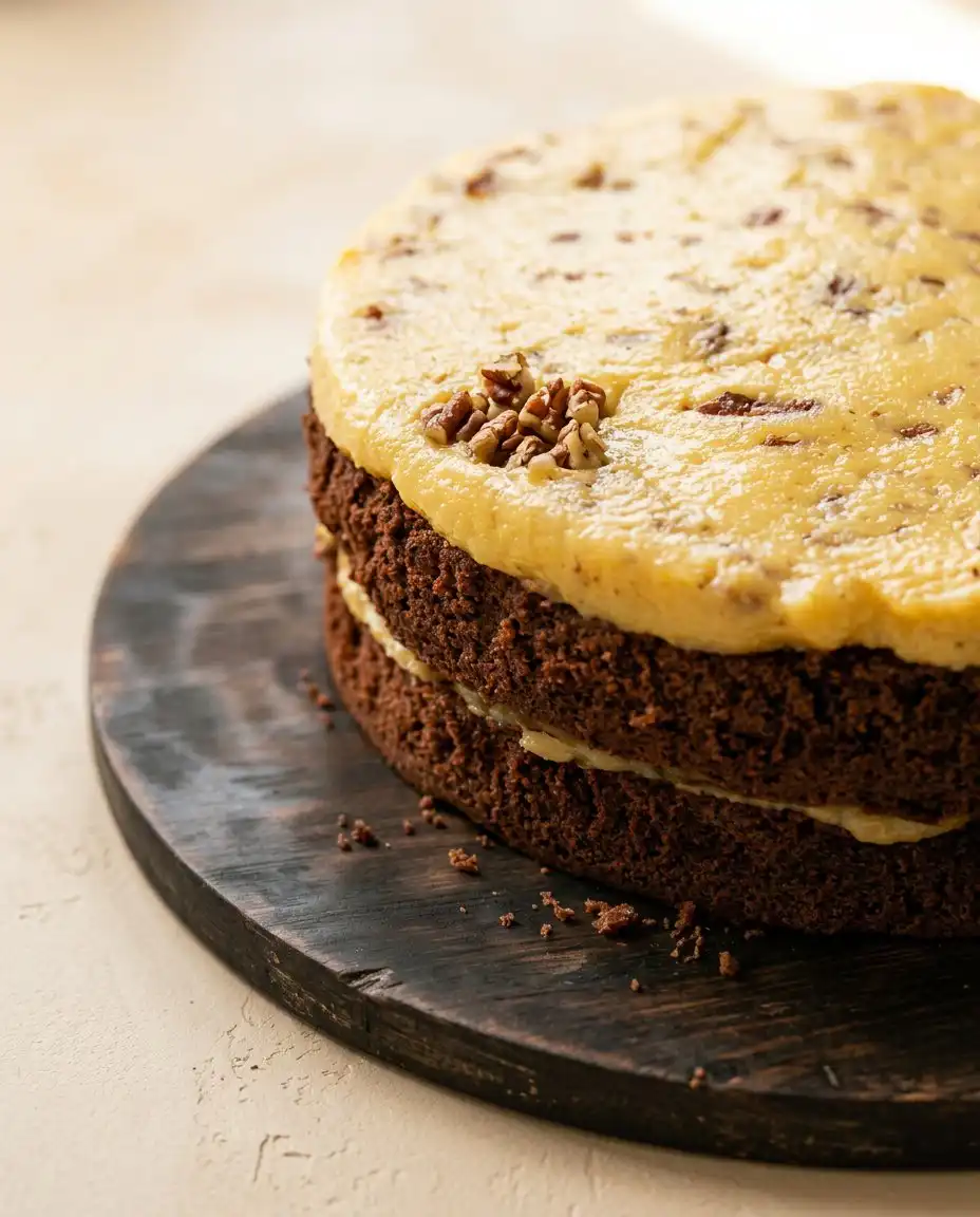 A perfect slice of German Chocolate Cake on a white plate showcasing the moist interior layers.