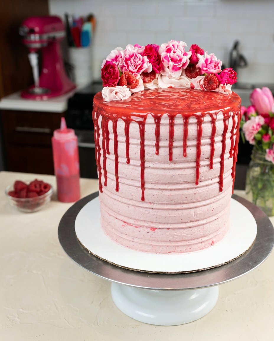 White Chocolate Raspberry Anniversary Cake 16 A single slice of White Chocolate Raspberry Anniversary Cake served on a beautiful antique china plate.