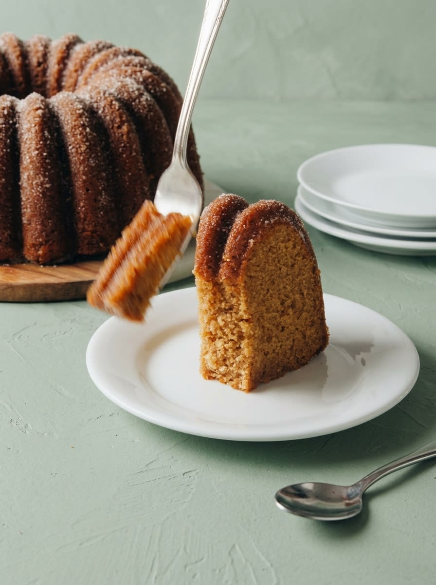 Apple Cider Cake 16 A clean slice of spiced Apple Cider Cake served on a vintage ceramic plate alongside a warm cup of coffee.