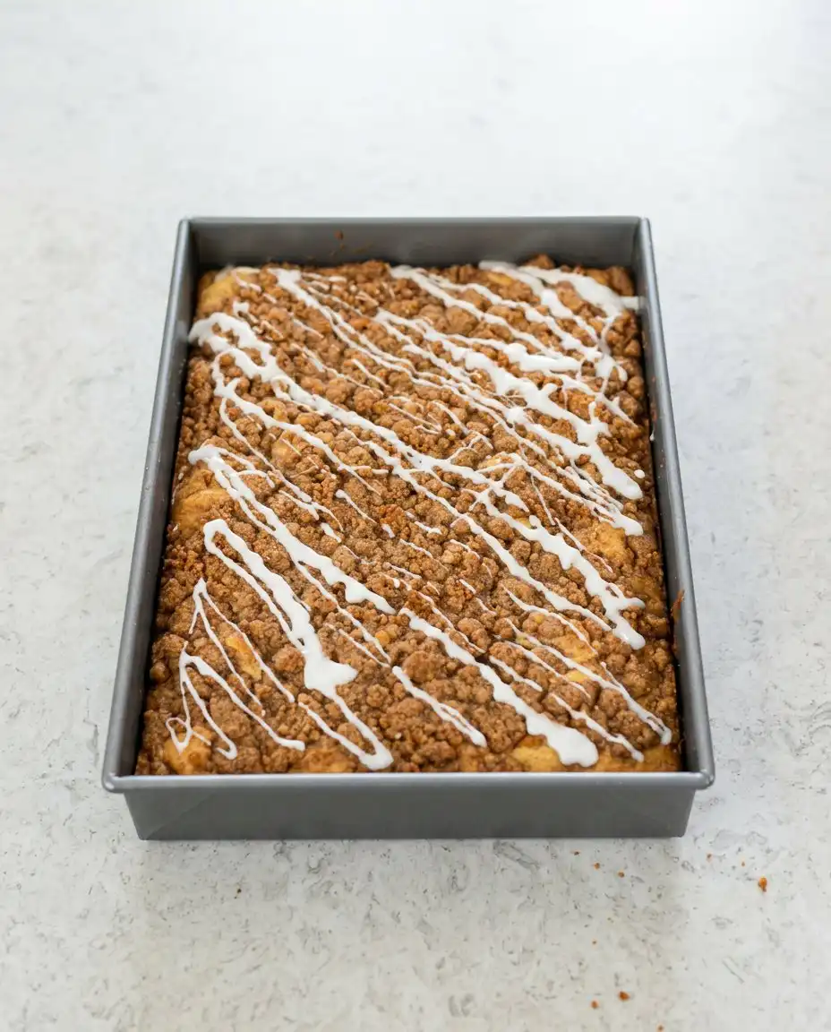 Slices of classic streusel coffee cake served alongside a steaming cup of black coffee.