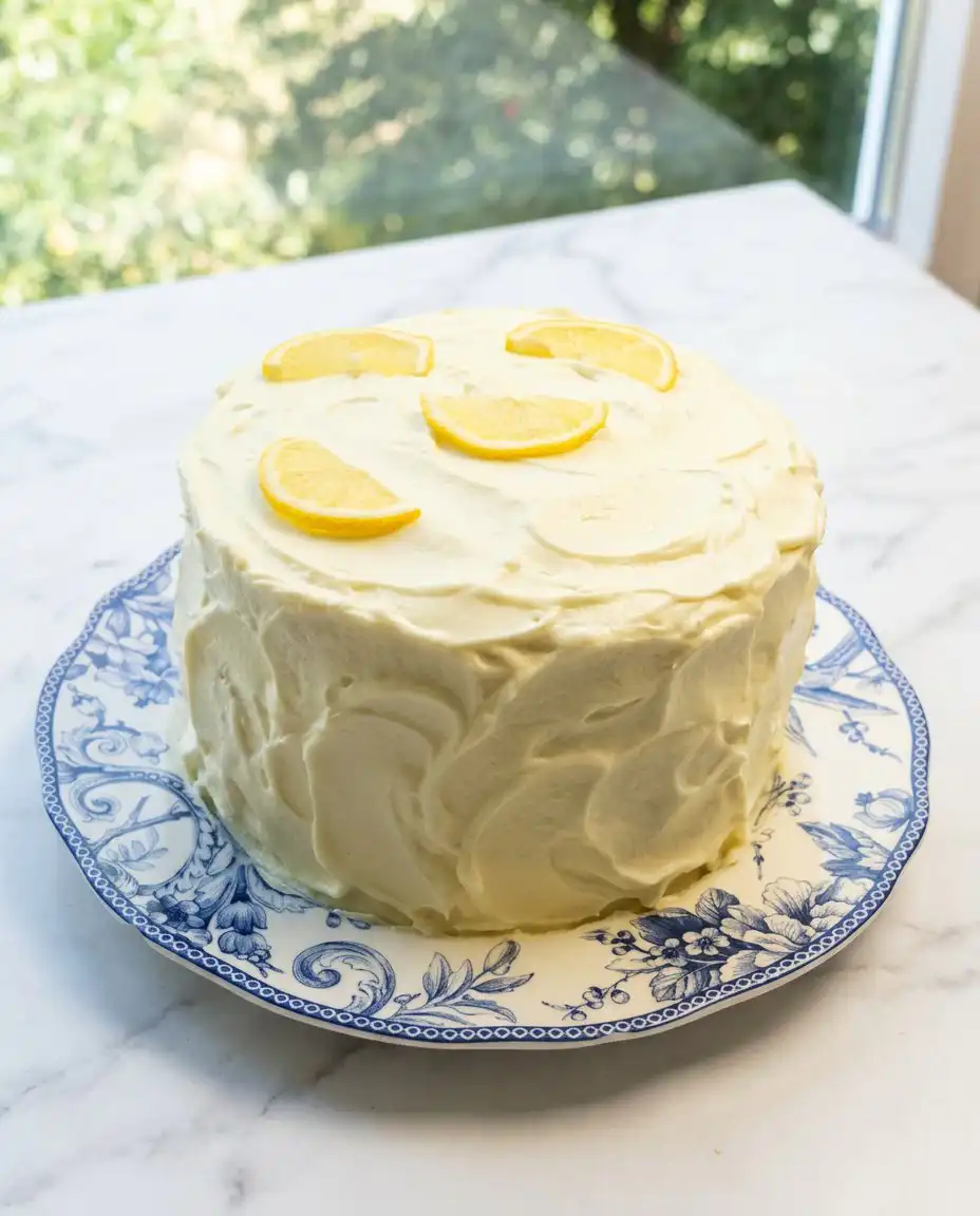 A beautiful slice of Lemon Blueberry Layer Cake with Cream Cheese Frosting served with fresh whole berries.