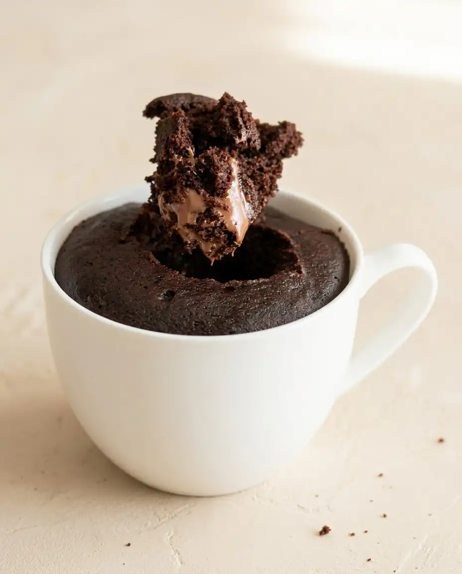 Nutella Mug Cake 16 A spoon of warm Nutella Mug Cake being lifted to reveal the molten hazelnut filling.