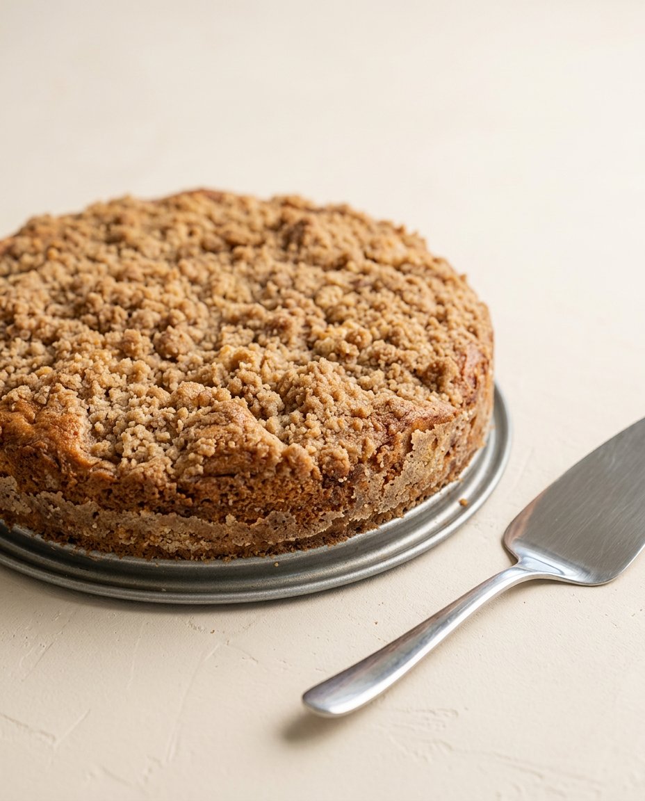 A beautiful slice of Peach Streusel Coffee Cake showing the soft crumb and jammy fruit layers.