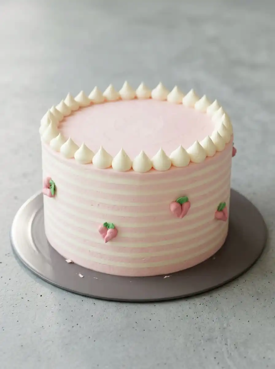 A single slice of Peach Watercolor Cake Design served on a delicate antique porcelain plate