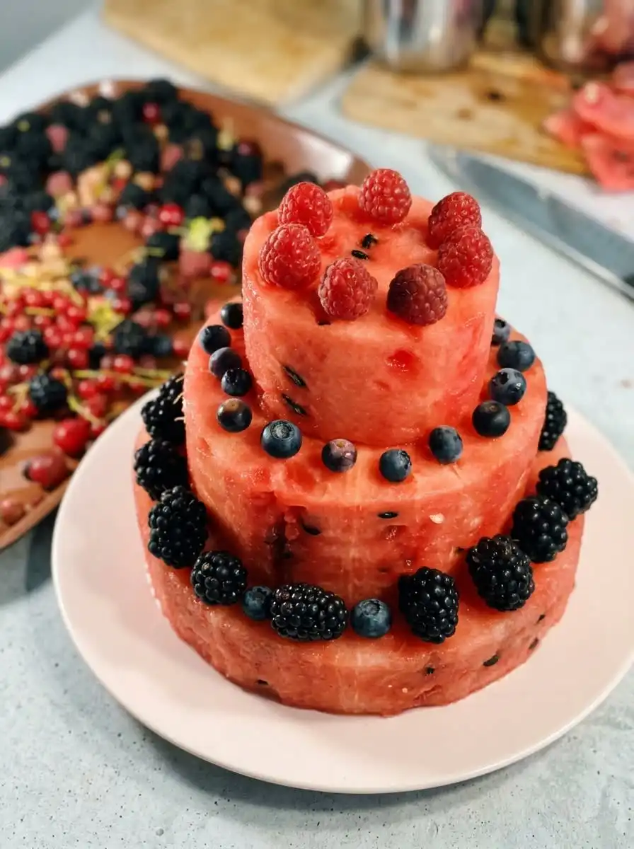 Watermelon and Berry Layer Cake 16 A clean cross-section slice of Watermelon and Berry Layer Cake showing colorful fruit layers on a dessert plate