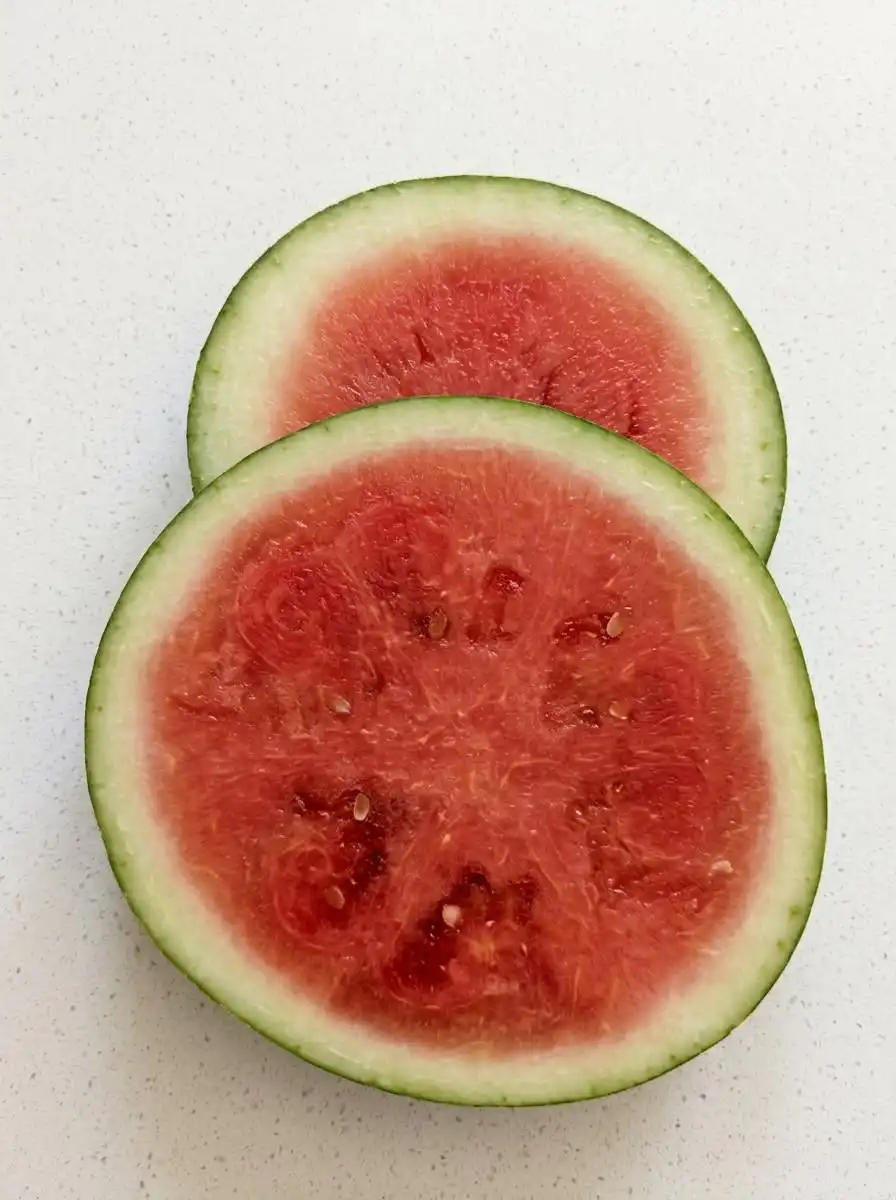 Frozen Watermelon Teething Pops 14 A ripe seedless watermelon cut into triangular wedges alongside flat wooden teething sticks.