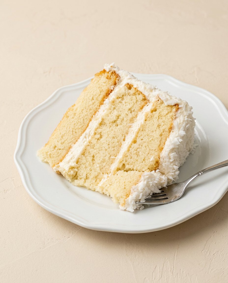 A perfect slice of Three-Layer Coconut Cream Cake on a vintage china plate with a fork.