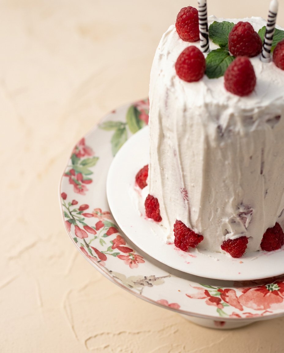 A cold slice of Watermelon Cake with Whipped Coconut Frosting served on a beautiful vintage glass plate.