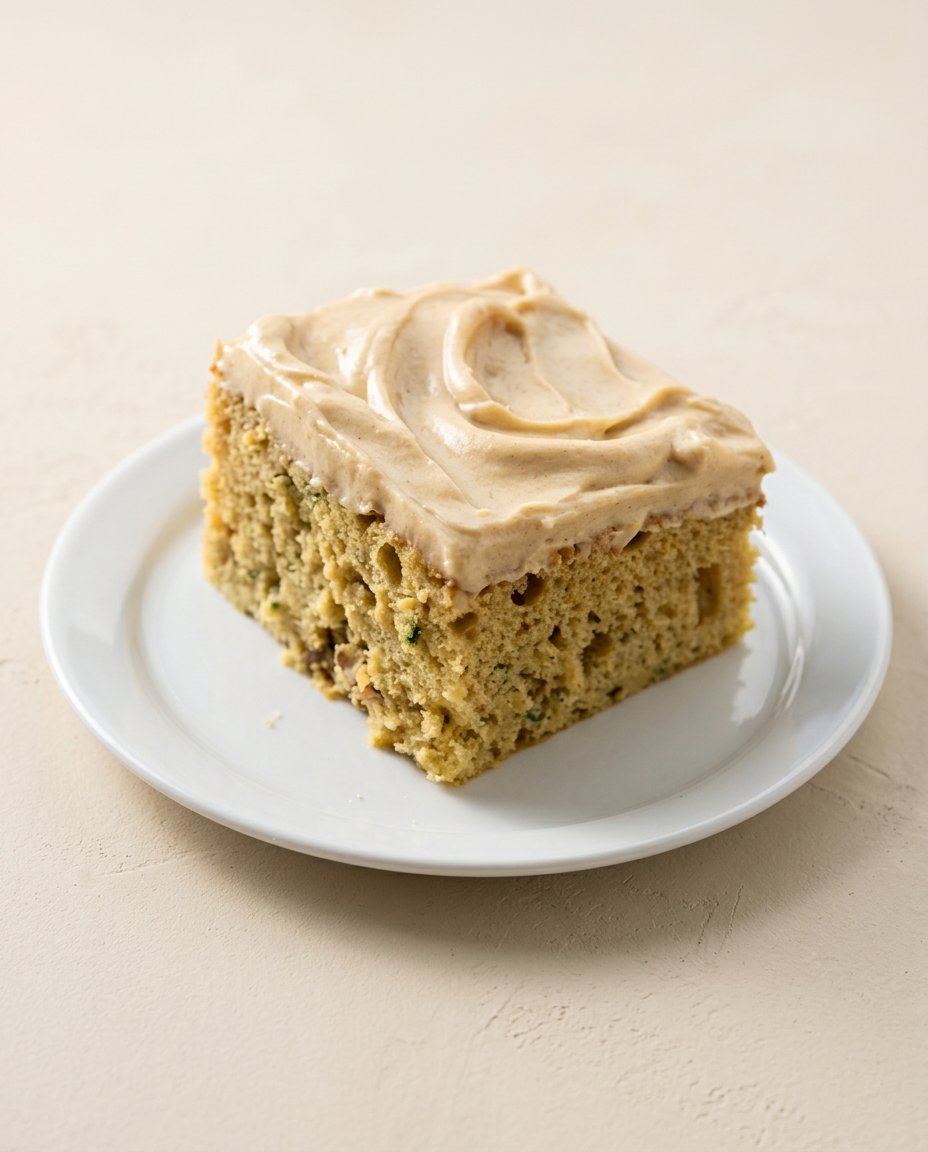 A sharp knife cutting clean squares of zucchini cake with cinnamon and nutmeg.