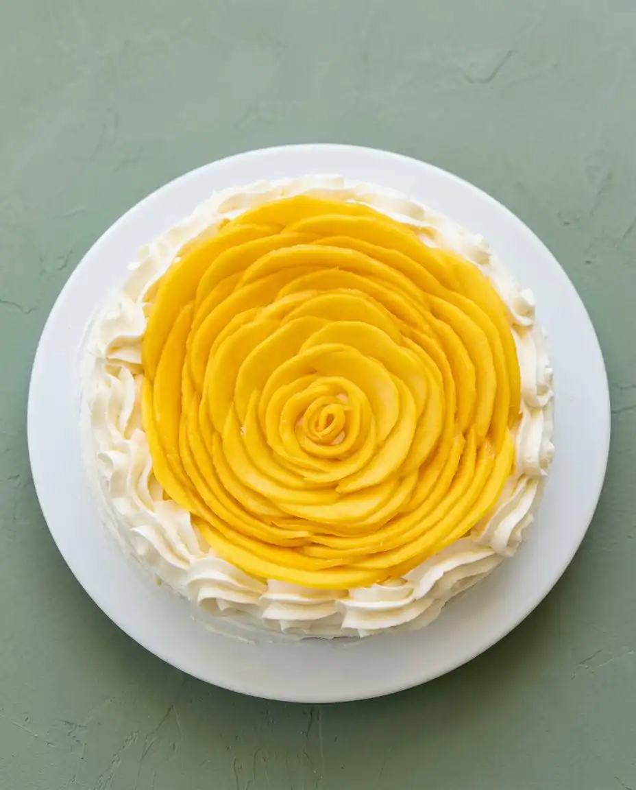 Serving a slice of Mango Flower Crown Cake on grandmother's china next to a cup of tea.