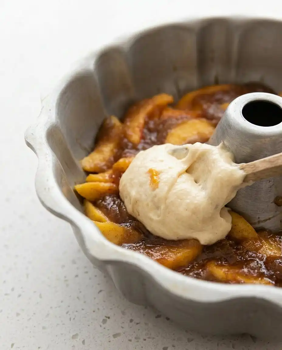 Buttery Peach Cobbler Pound Cake 15 A sharp knife cutting a clean slice from a buttery peach cobbler pound cake on a floral plate.
