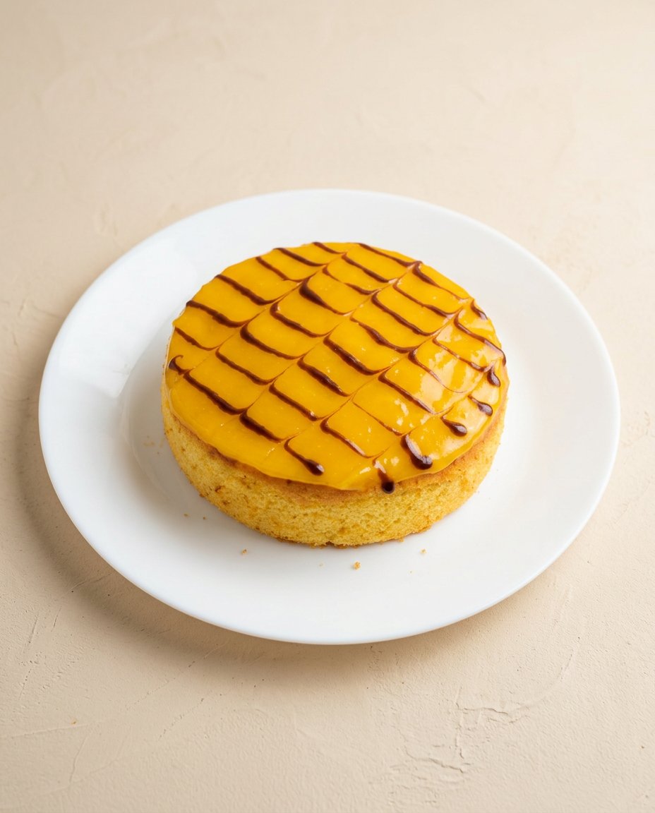 Slicing a Mango Fresh Fruit Topped Cake with a sharp knife to show clean crumb cross section