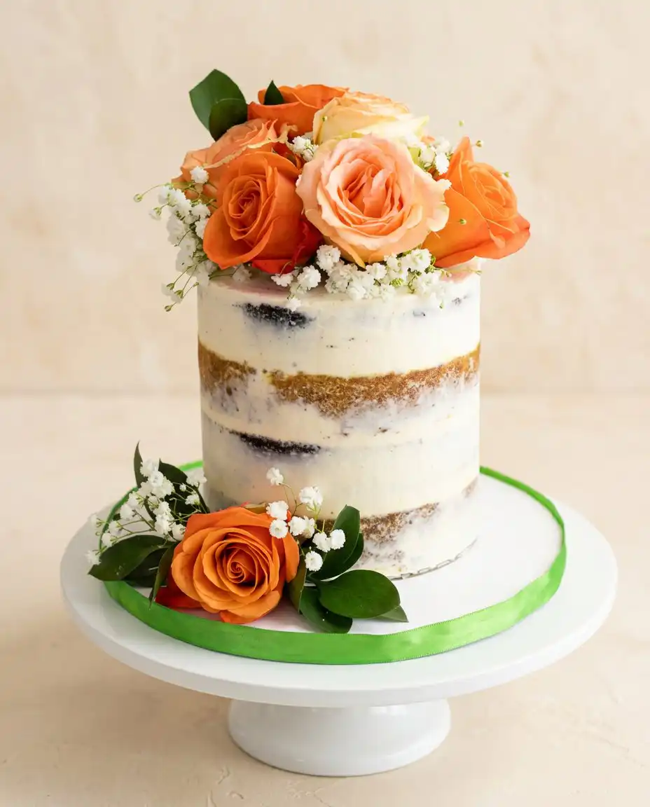 A clean slice of Naked Cake with Fall Flowers served on a dark ceramic plate with spiced apples