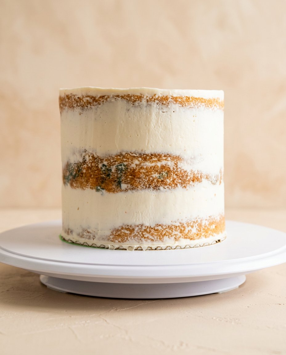 A slice of rustic vanilla naked cake served on a vintage china plate with a cup of warm tea.