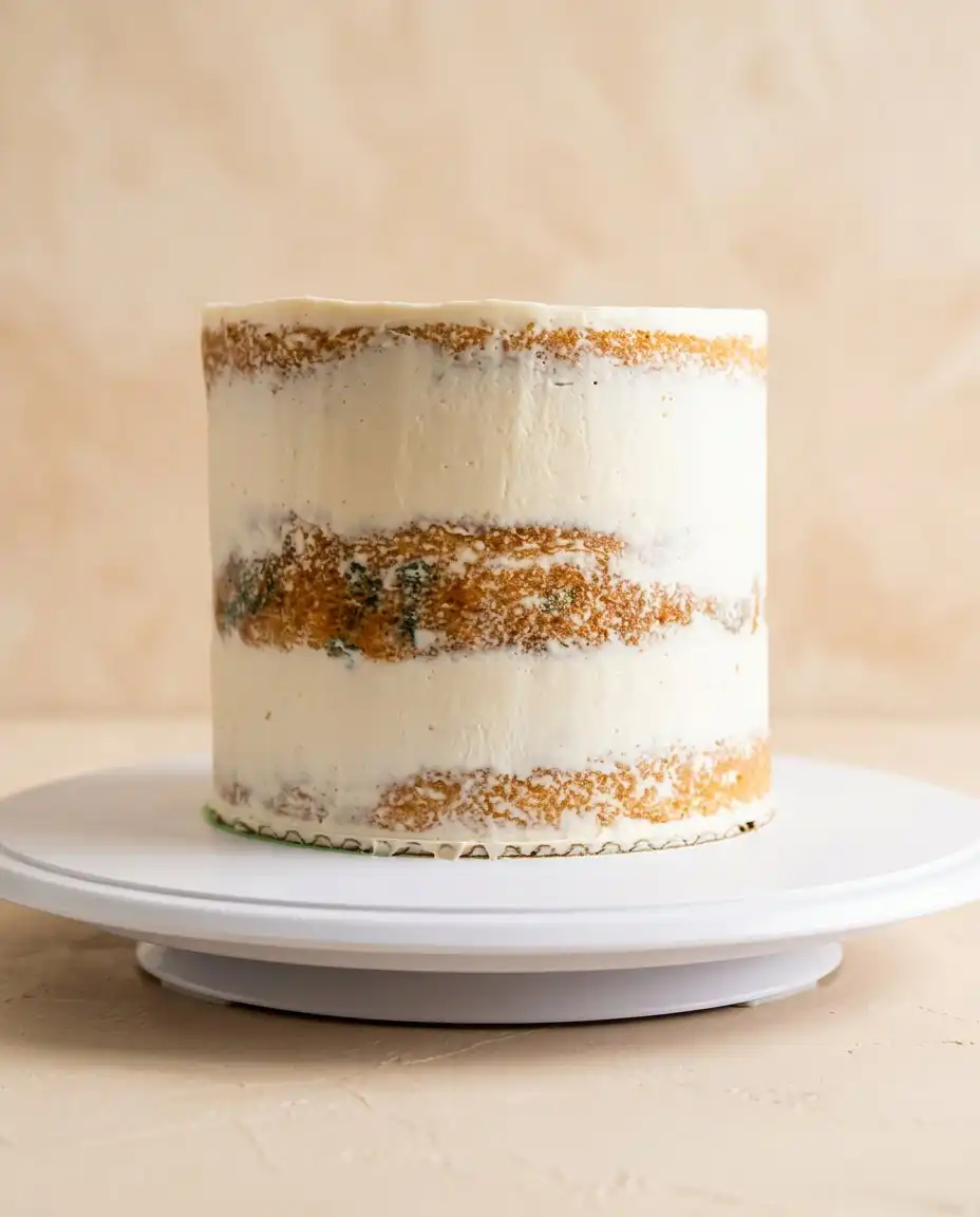 Vanilla Naked Cake 16 A slice of rustic vanilla naked cake served on a vintage china plate with a cup of warm tea.