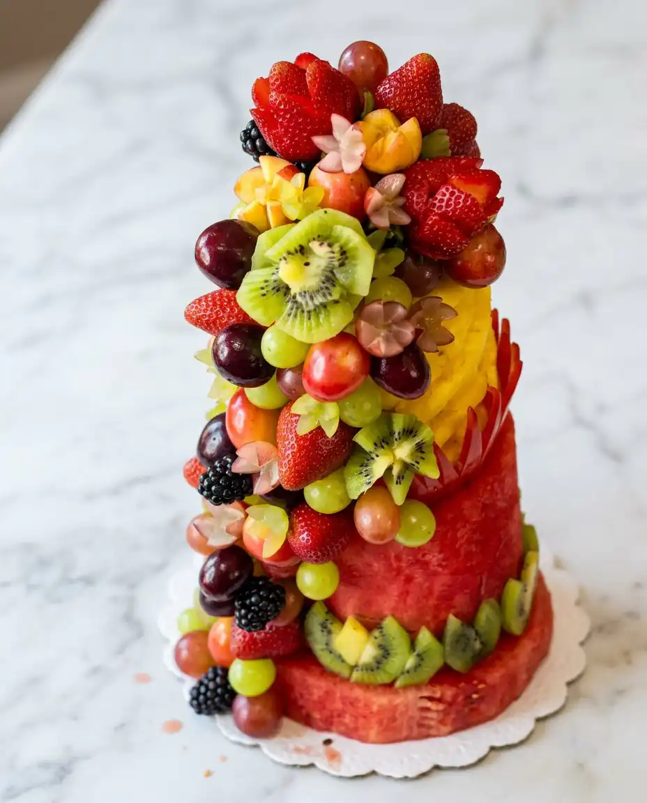 Watermelon Fruit Cake Tower 16 Slicing a crisp wedge from the Watermelon Fruit Cake Tower to show yellow and red layers