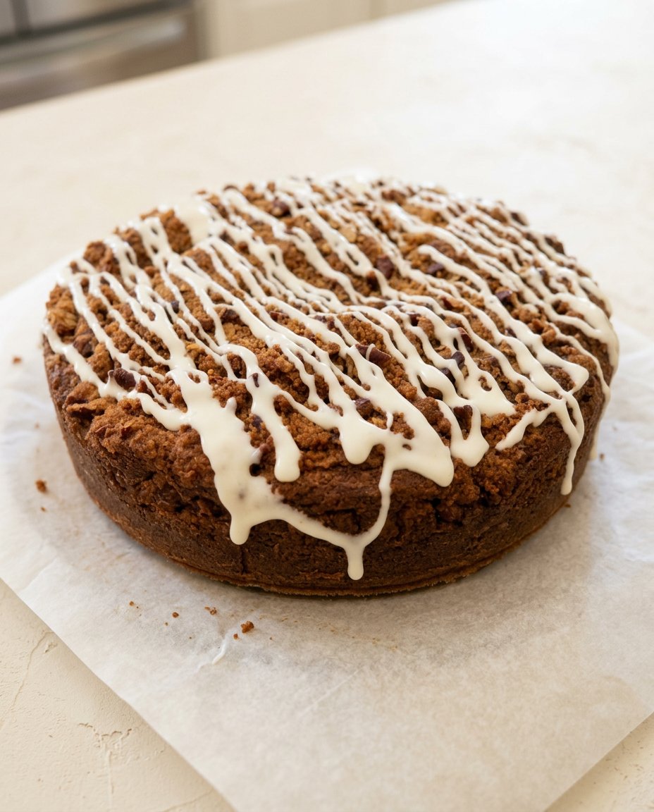 Pecan Streusel Coffee Cake 16 A sharp serrated knife slicing a neat wedge of Pecan Streusel Coffee Cake.