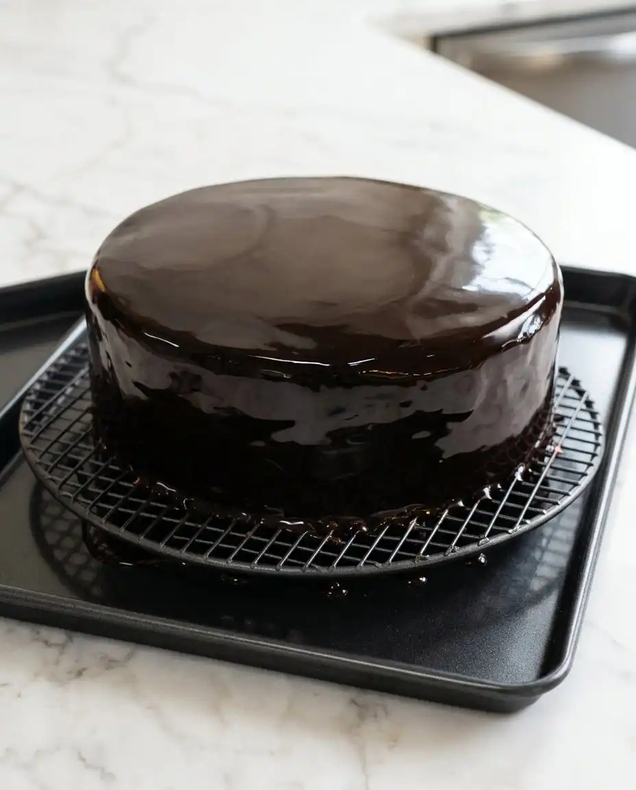 Slicing a Chocolate Mirror Glaze Cake cleanly with a warm knife to reveal the neat layers of chocolate cake