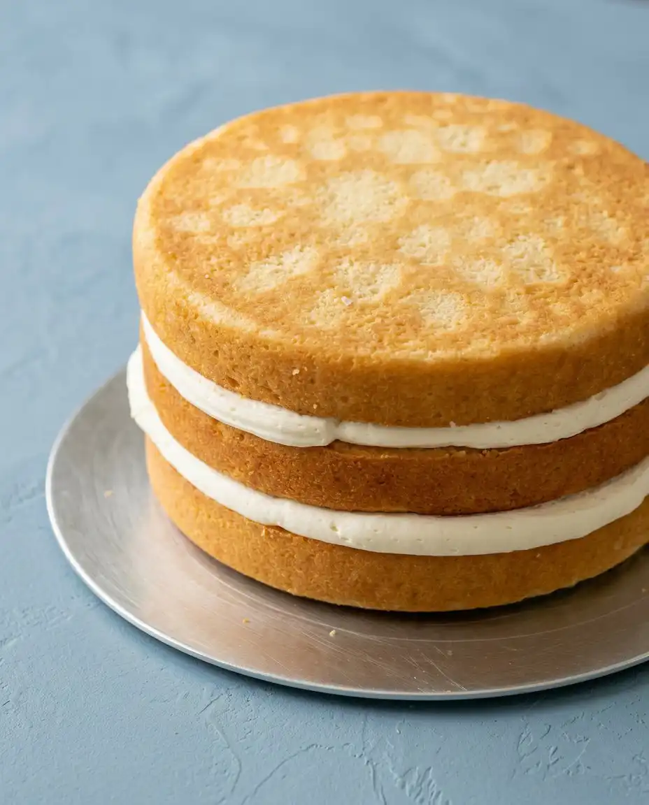A slice of Classic Vanilla Layer Cake showing the rich yellow custard filling between white layers.