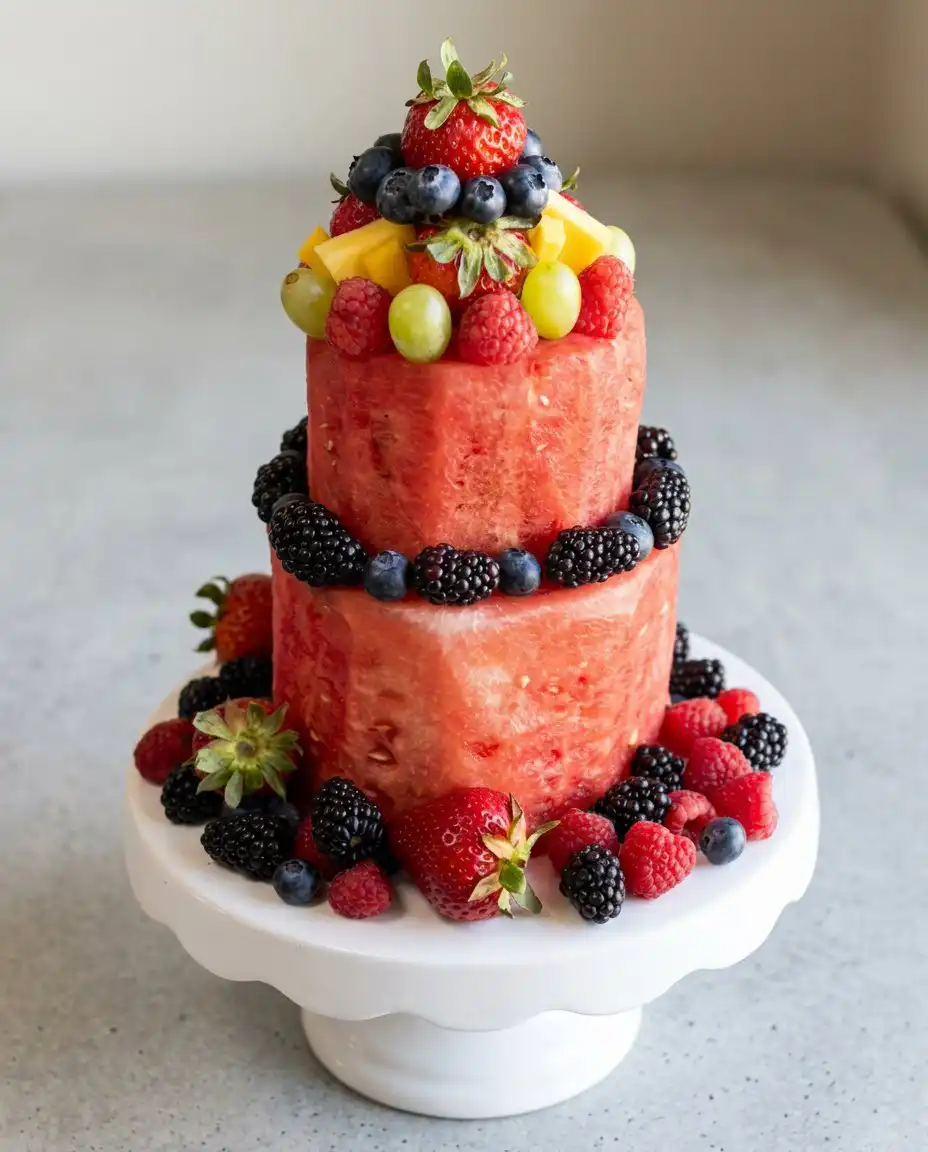 Slicing a wedge from a finished two tiered Classic Watermelon Fruit Cake decorated with colorful kiwi.