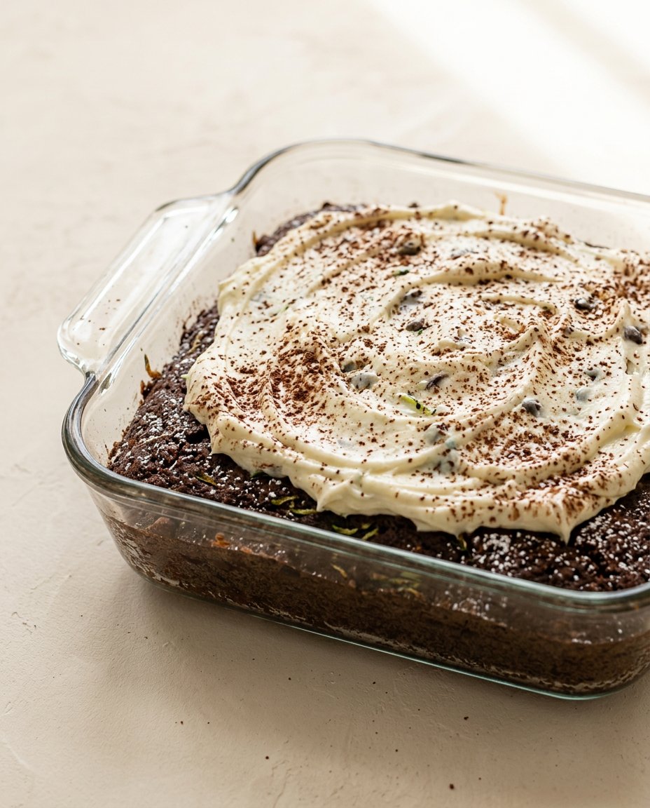 A sharp chef knife slicing through the moist crumb of a Double Chocolate Zucchini Cake.