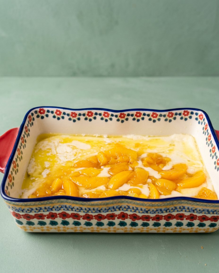 A clean slice of Peach Cobbler Sheet Cake showing layers of sponge, buttercream, and oat crumble