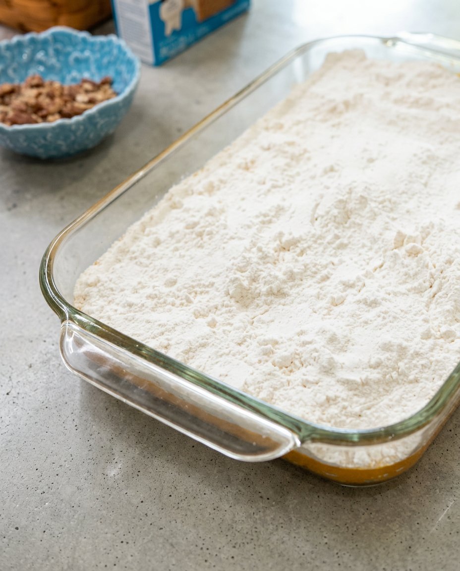 A chef slicing a chilled Classic Pumpkin Crunch Cake with a warm knife for clean lines.