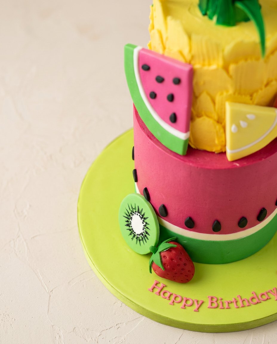 Slicing clean wedges from the finished Watermelon and Pineapple Tropical Fruit Cake with a thin knife