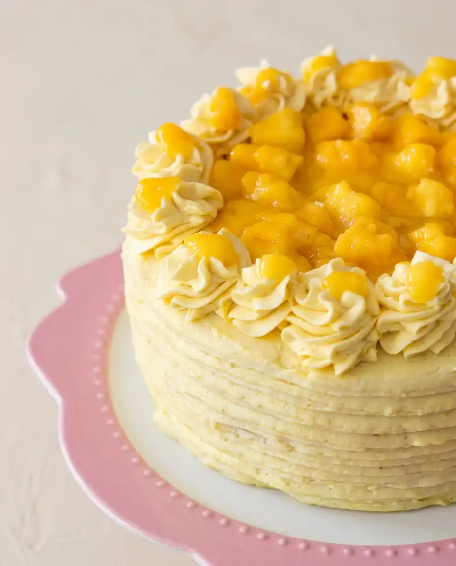 Mango Ombre Cake 12 A stunning small-batch Mango Ombre Cake topped with fresh cubed mangoes on a wire cooling rack.