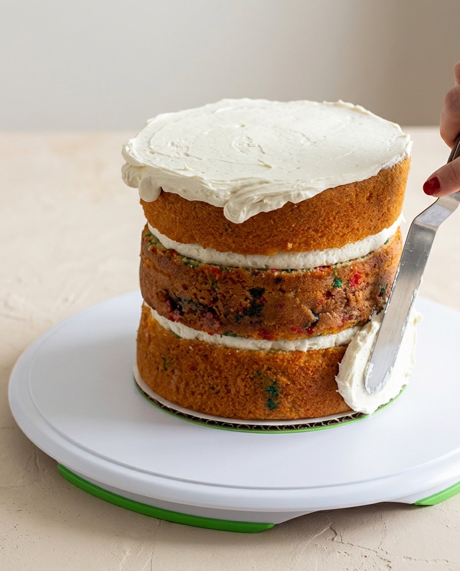 A baker uses a bench scraper to smooth the buttercream on the sides of a vanilla naked cake.
