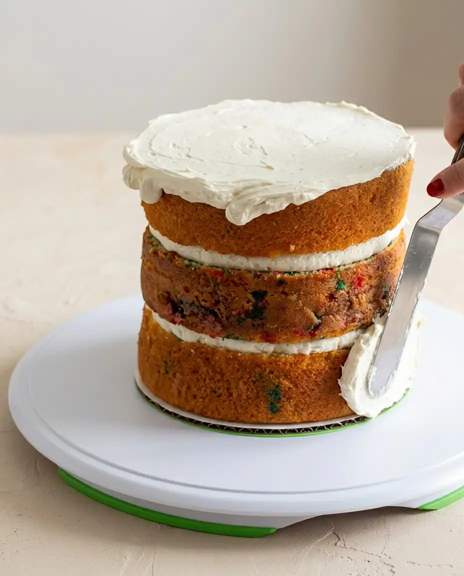 Vanilla Naked Cake 15 A baker uses a bench scraper to smooth the buttercream on the sides of a vanilla naked cake.