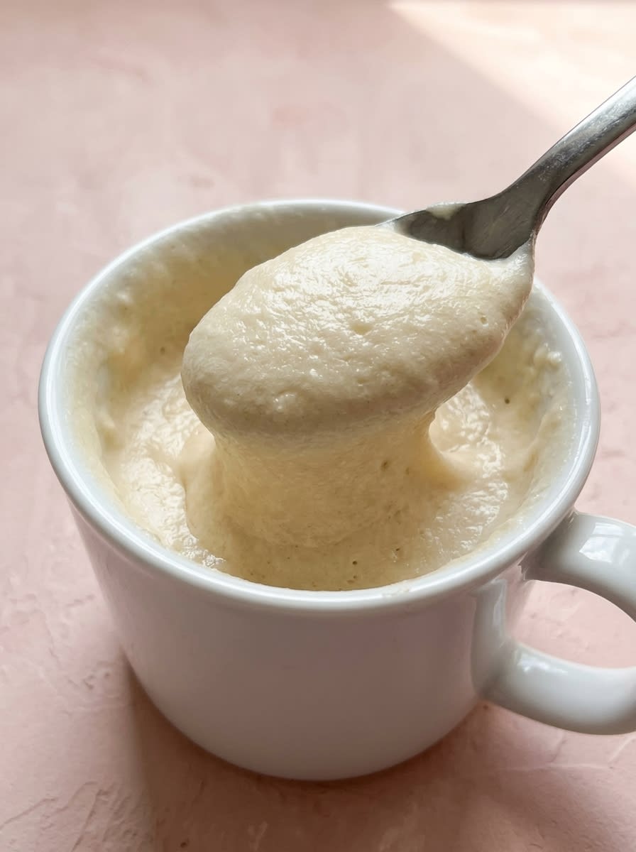 1-Minute Vanilla Mug Cake 15 A spoon lifting a fluffy bite of 1-Minute Vanilla Mug Cake from a white ceramic mug