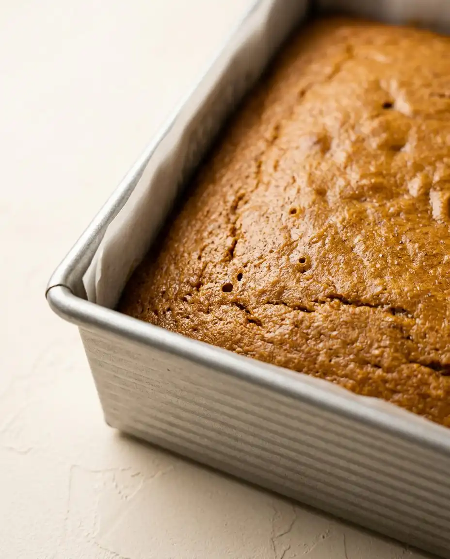 Pumpkin Streusel Coffee Cake 15 Hand gently scattering the spiced brown sugar streusel over thick orange pumpkin cake batter in a pan.