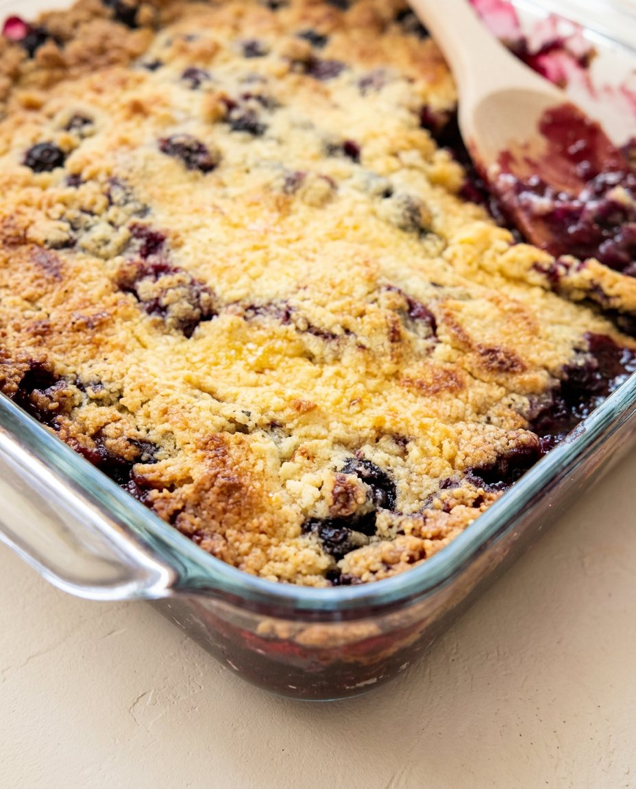 3-Ingredient Blueberry Dump Cake 12 A warm slice of 3-Ingredient Blueberry Dump Cake served in a vintage glass bowl.