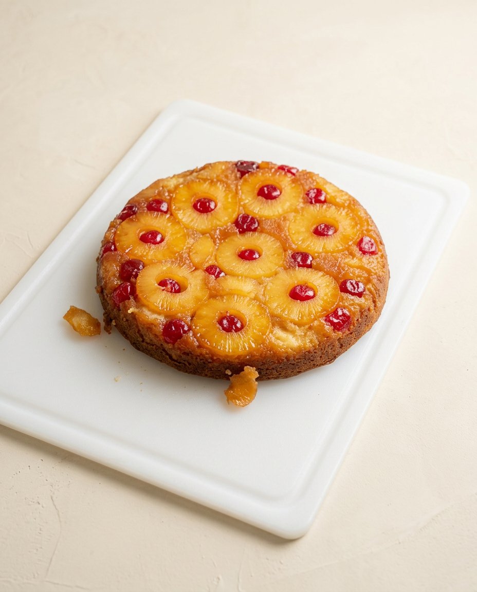 Cast Iron Skillet Pineapple Upside Down Cake 12 A whole caramelized Cast Iron Skillet Pineapple Upside Down Cake resting on a rustic wooden table.
