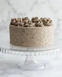 A beautiful homemade Cookies and Cream Birthday Cake decorated with vanilla swirls on a rustic wooden table