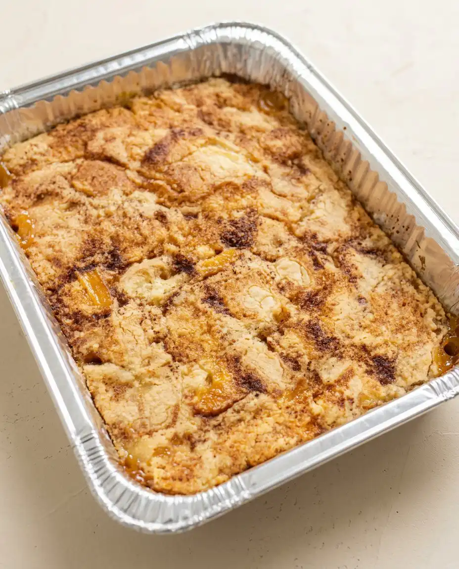 Peach Cobbler with White Cake Mix 12 A warm and bubbly Peach Cobbler with White Cake Mix served fresh out of the oven in a vintage glass dish.