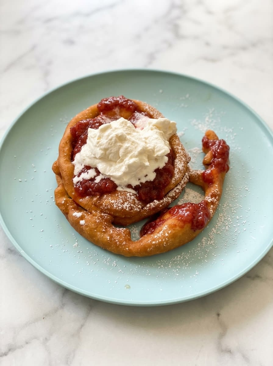 Strawberry Topped Funnel Cake 12 Strawberry Topped Funnel Cake dusted with powdered sugar on a vintage plate
