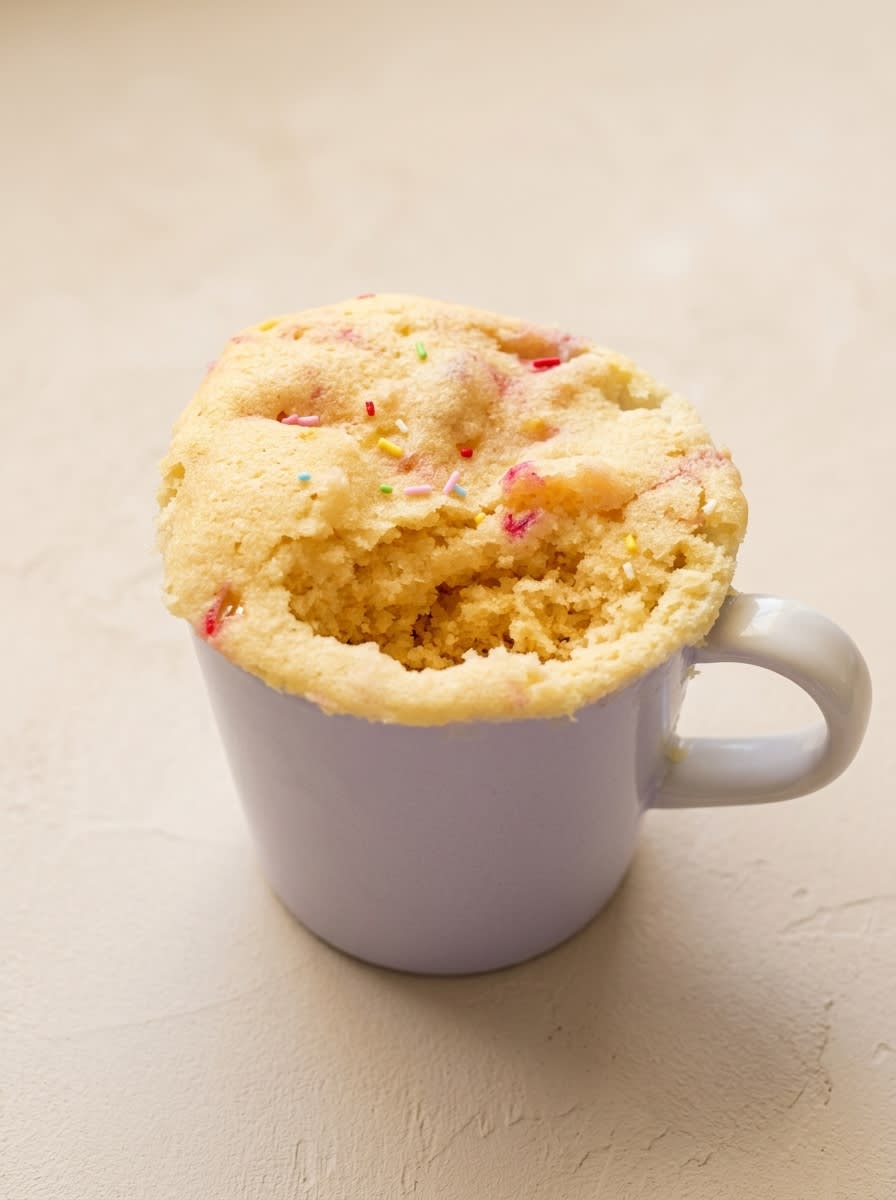 1-Minute Vanilla Mug Cake 12 A warm 1-Minute Vanilla Mug Cake served inside a vintage ceramic cup on a rustic wood surface