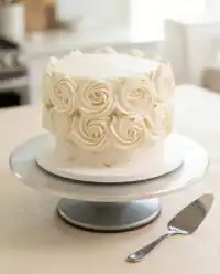 A gorgeous whole White Velvet Cake frosted with smooth ermine buttercream on a vintage stand.