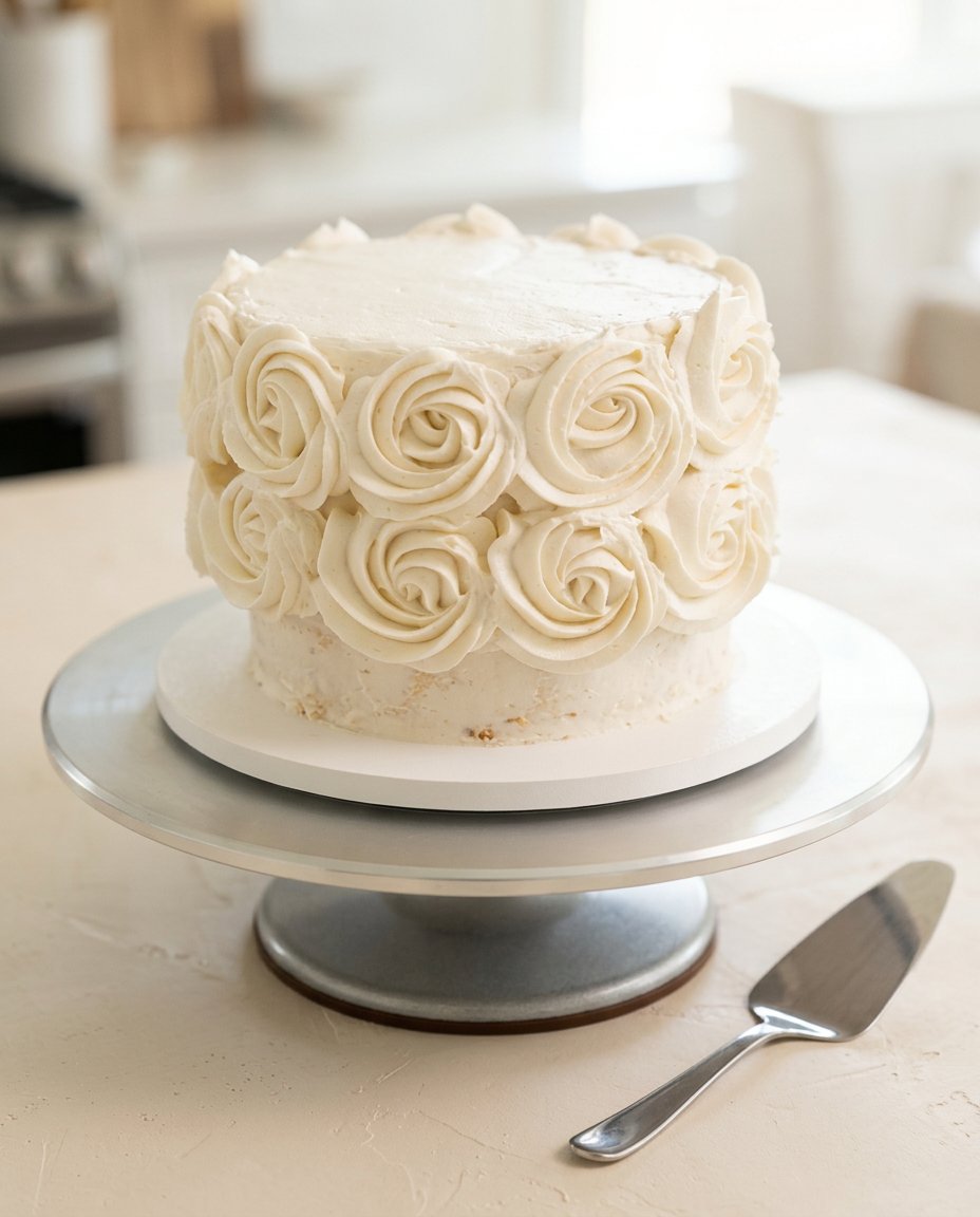 White Velvet Cake 12 A gorgeous whole White Velvet Cake frosted with smooth ermine buttercream on a vintage stand.