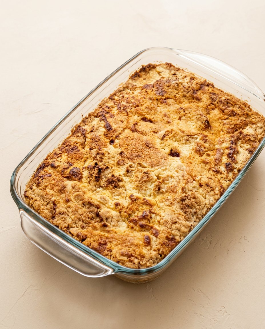 A beautiful warm square of pumpkin dump cake topped with a melting scoop of vanilla ice cream.