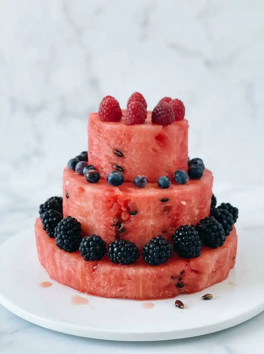 Watermelon and Berry Layer Cake 12 A stunning three-tiered Watermelon and Berry Layer Cake decorated with peaches and blueberries on a marble platter