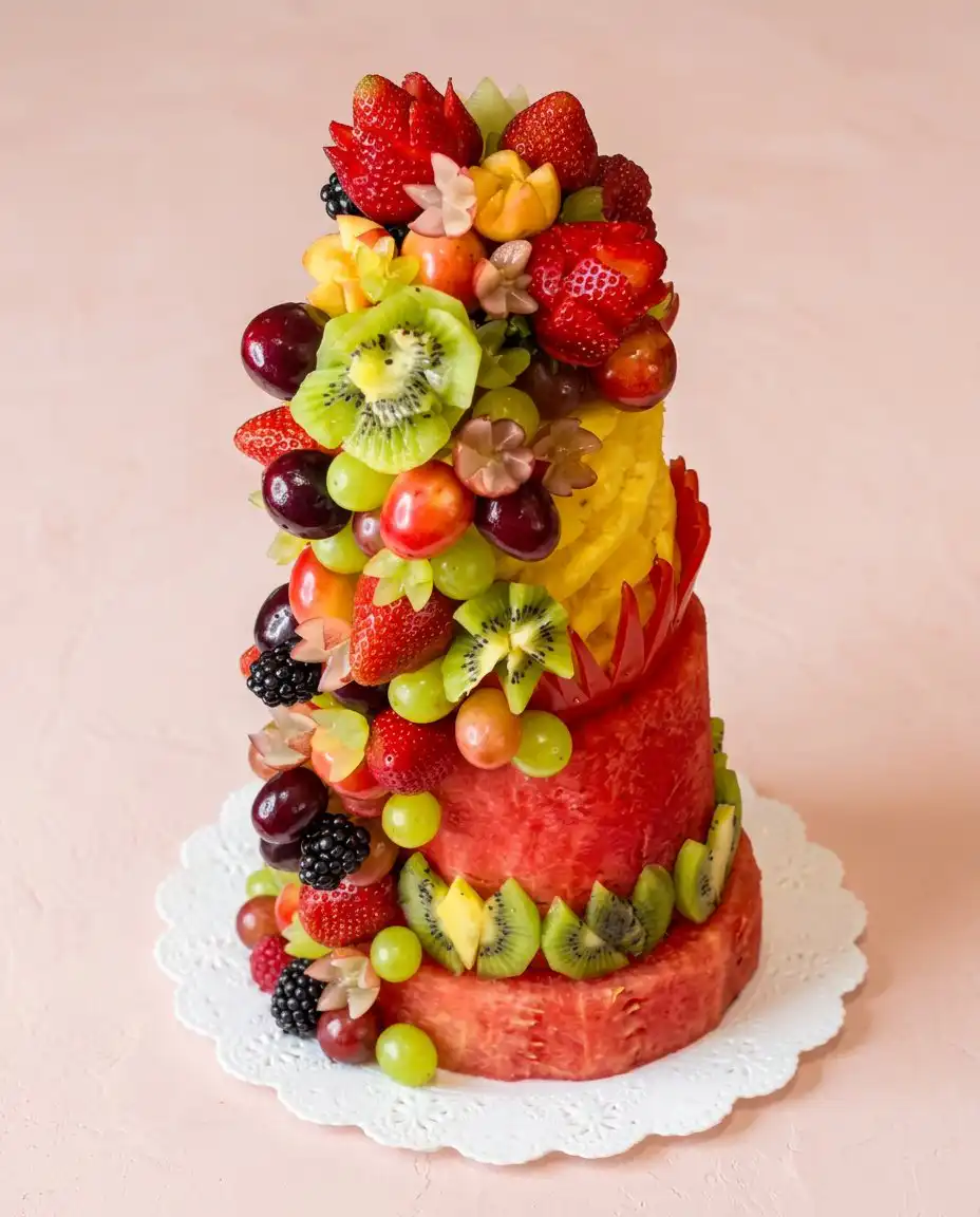 Watermelon Fruit Cake Tower 12 A gorgeous dual tiered Watermelon Fruit Cake Tower decorated with kiwi and fresh summer berries