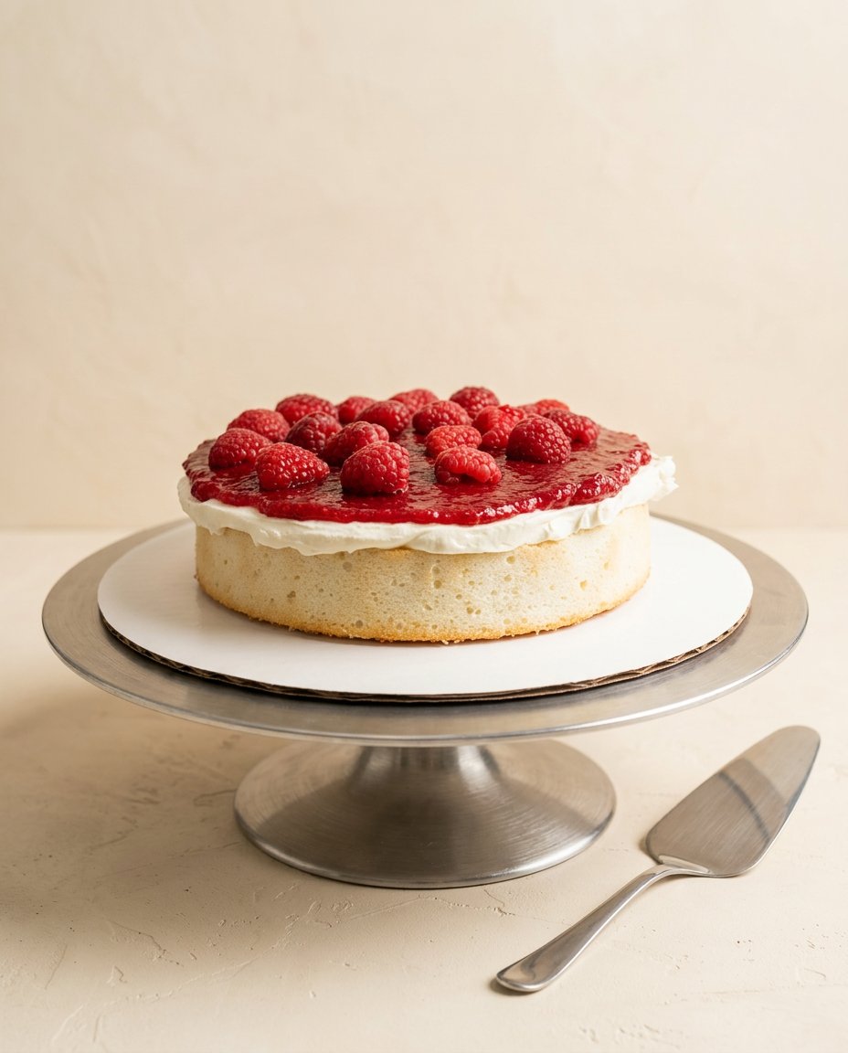 White Chocolate Raspberry Anniversary Cake 15 Creamy whipped white chocolate ganache frosting being spread onto a White Chocolate Raspberry Anniversary Cake.
