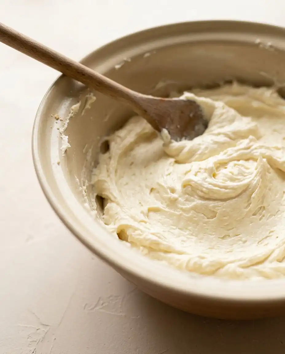 Whipping thick white cream cheese frosting for a Marzipan Carrot Topped Cake in a silver mixing bowl.